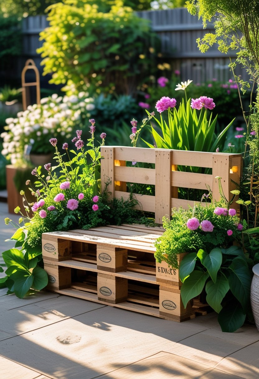 A wooden pallet bench surrounded by green plants and colorful flowers in a sunny garden.