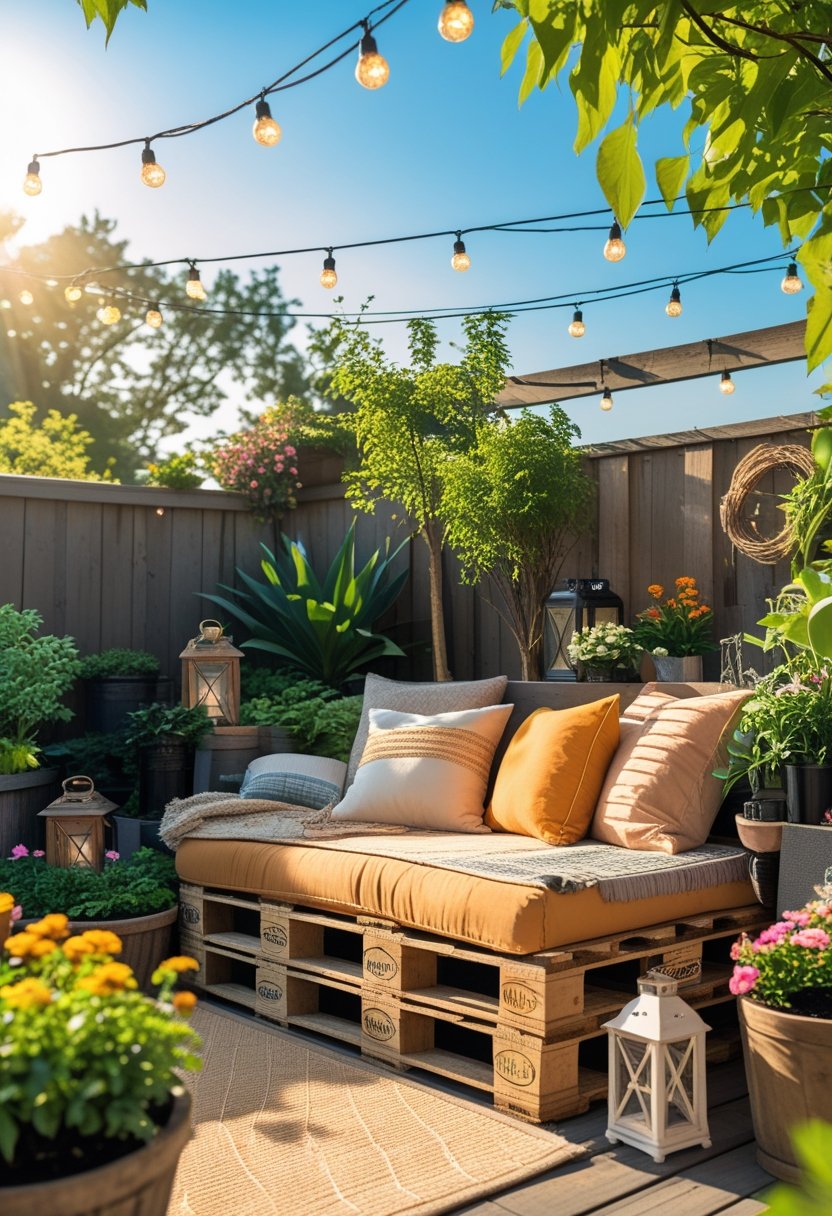 A sunny garden with a wooden pallet bench, cushions, plants, flowers, and string lights creating a cozy outdoor seating area.