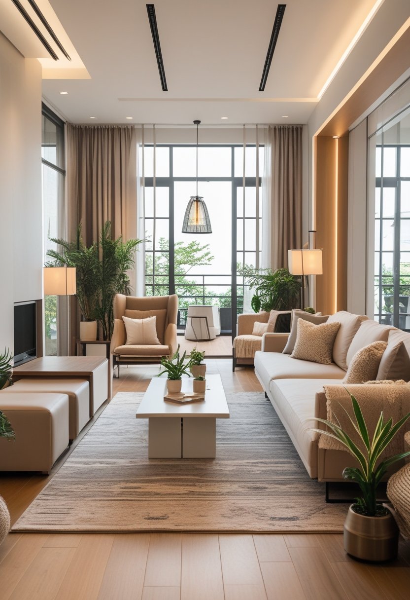 A bright and inviting living room with comfortable seating, natural light, and indoor plants.