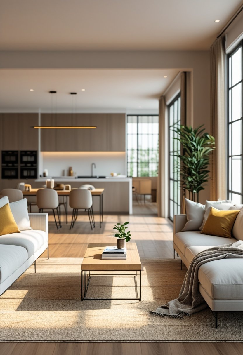A bright and inviting living room with large windows, modern furniture, soft cushions, a coffee table with decorations, and an open kitchen in the background.