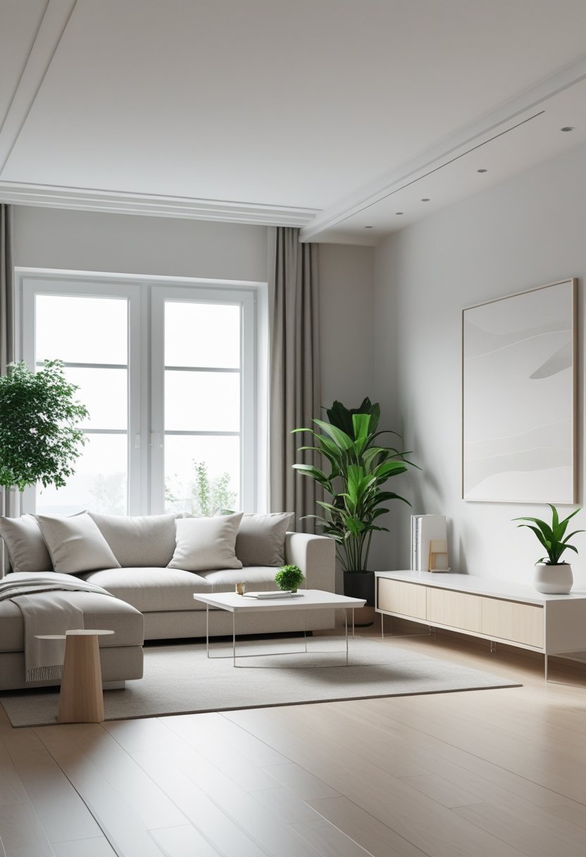 A bright living room with a comfortable sofa, coffee table, bookshelf, indoor plants, and large windows letting in natural light.