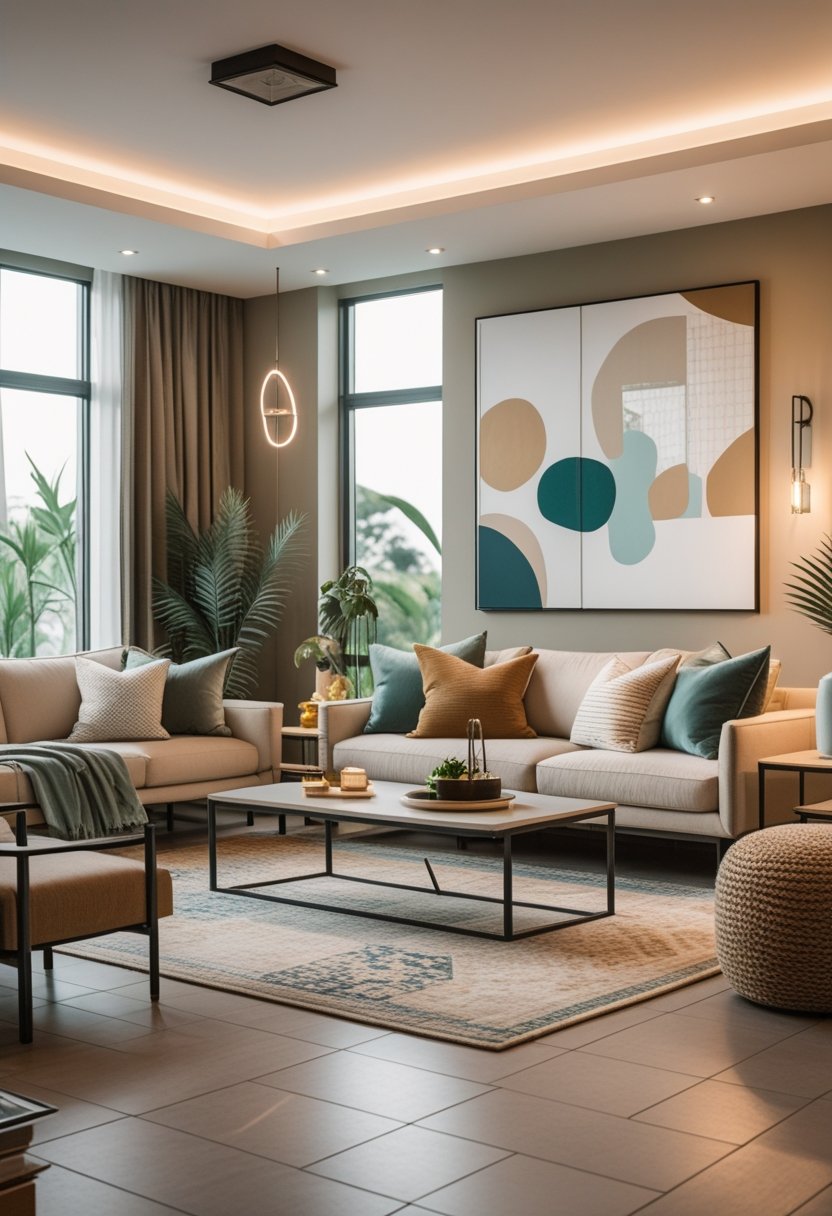 A bright living room with a sofa, coffee table, plants, and large windows letting in natural light.