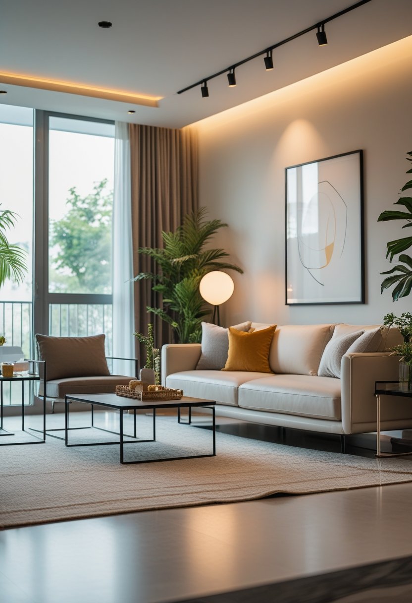 A spacious living room with a sofa, coffee table, large windows, and indoor plants arranged in a neat and inviting layout.