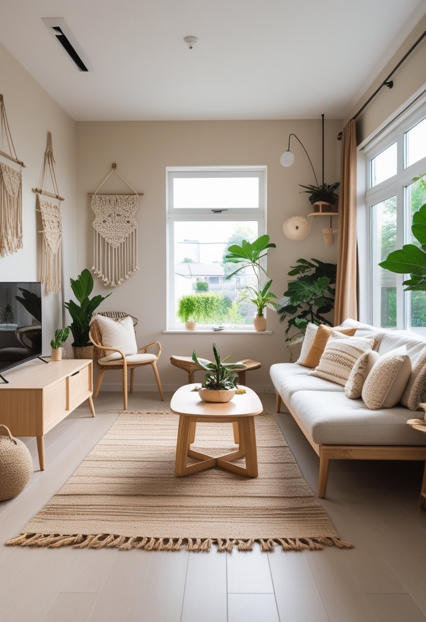 A bright and inviting living room with wooden furniture, soft cushions, woven rugs, and green plants, featuring large windows letting in natural light.