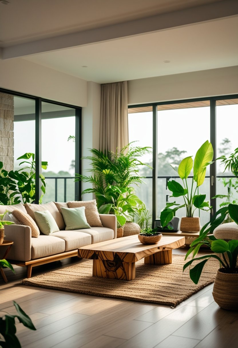 A bright living room with large windows, green plants, a beige sofa, wooden furniture, and soft natural lighting creating a peaceful atmosphere.
