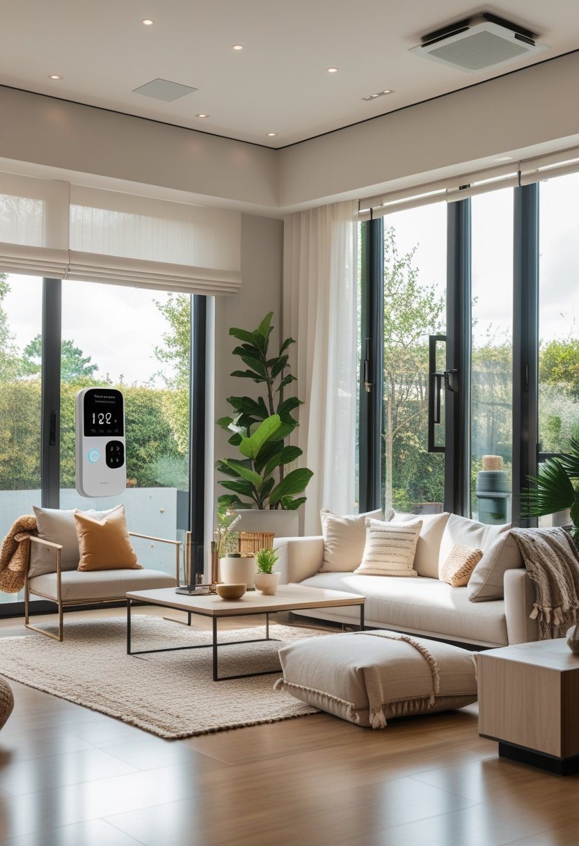 A bright living room with modern furniture, smart home devices, and indoor plants.