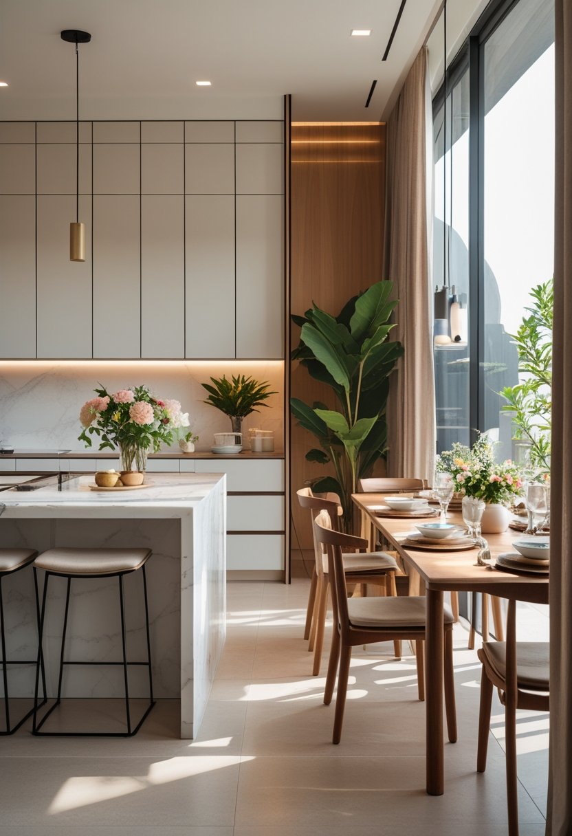 A bright kitchen and dining area with a marble island, wooden dining table set for four, and large windows letting in natural light.