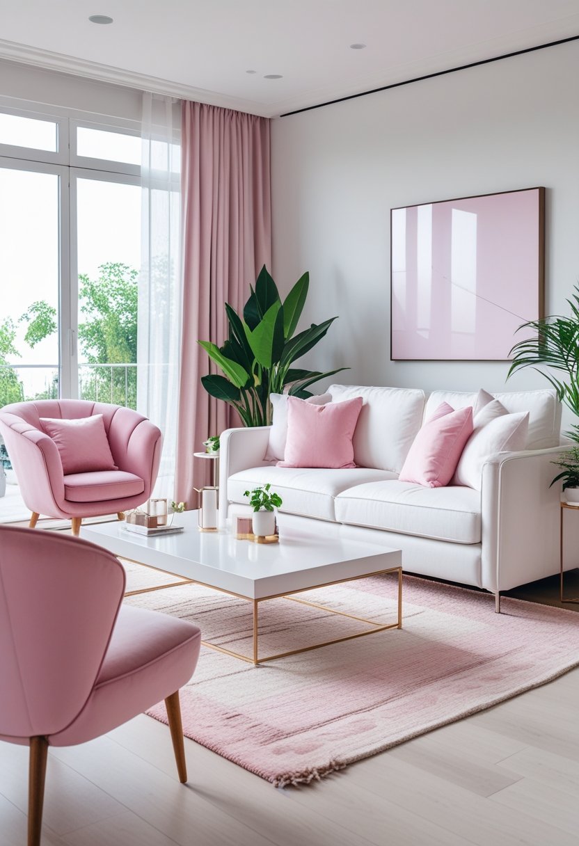 A bright living room with a white sofa, pink cushions, a pink chair, coffee table, plants, and large windows letting in natural light.