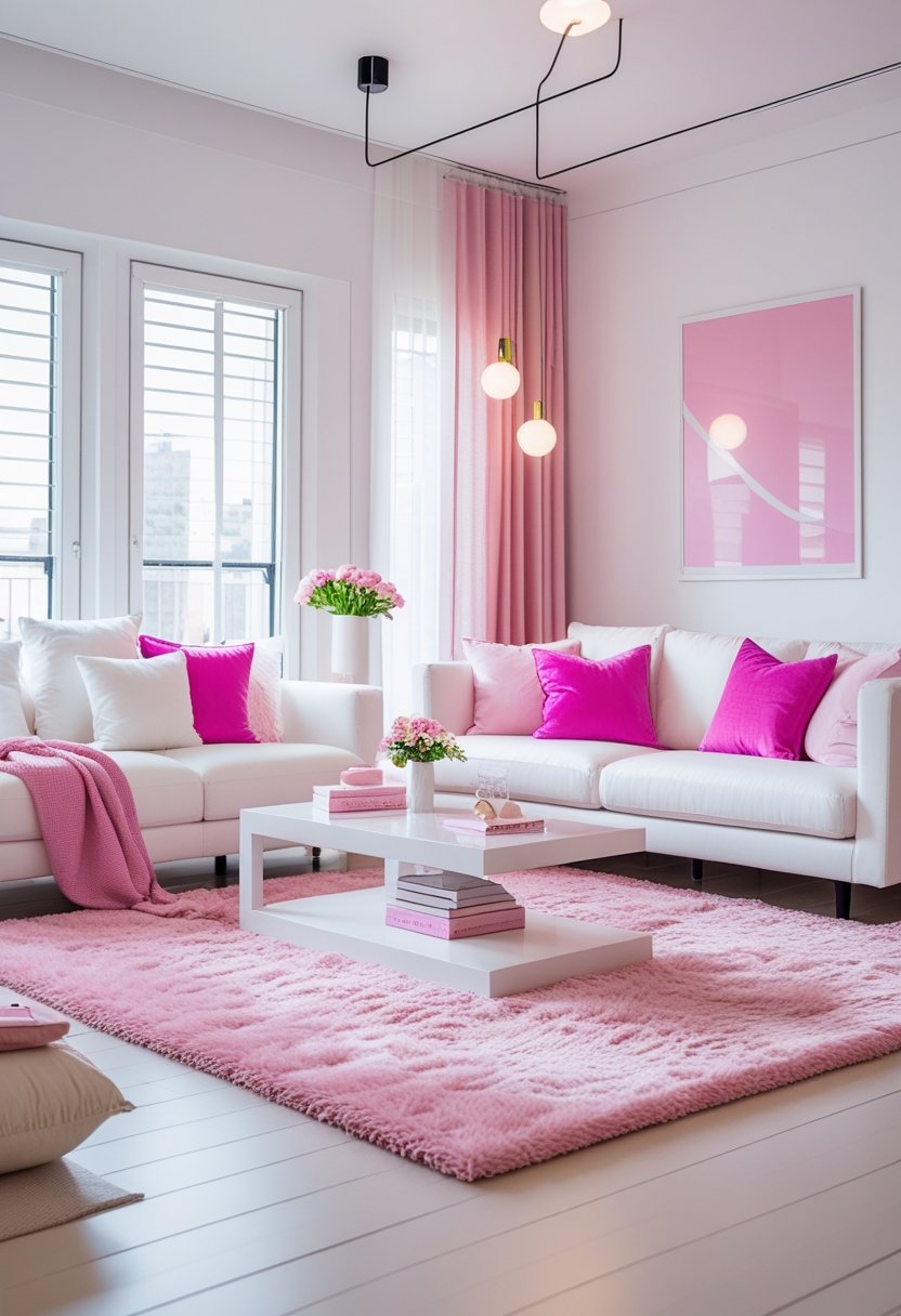 A bright living room with a white sofa, pink cushions, a white coffee table, and large windows letting in natural light.