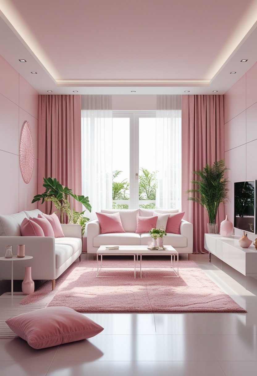 A bright living room with white and pink furniture, soft cushions, a coffee table, and plants near large windows.