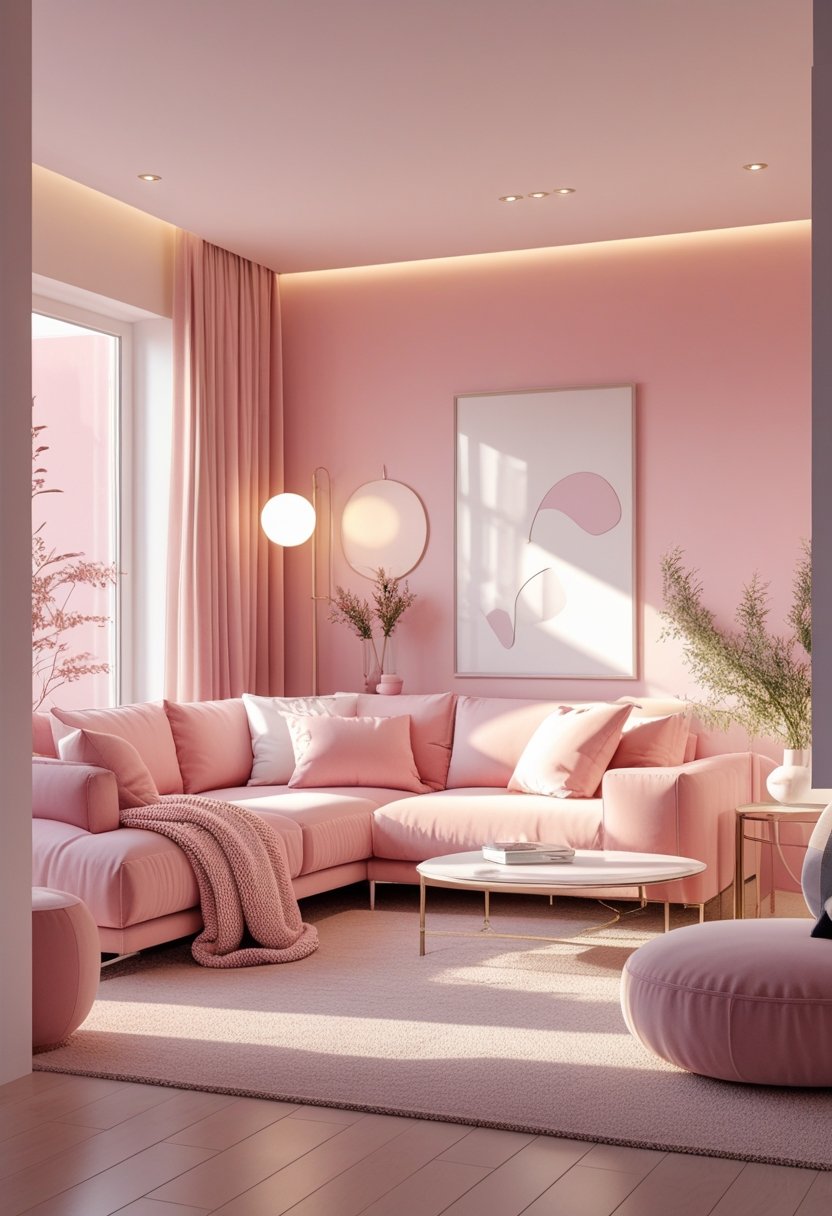 A bright living room with pink and white furniture, soft lighting, and decorative plants.