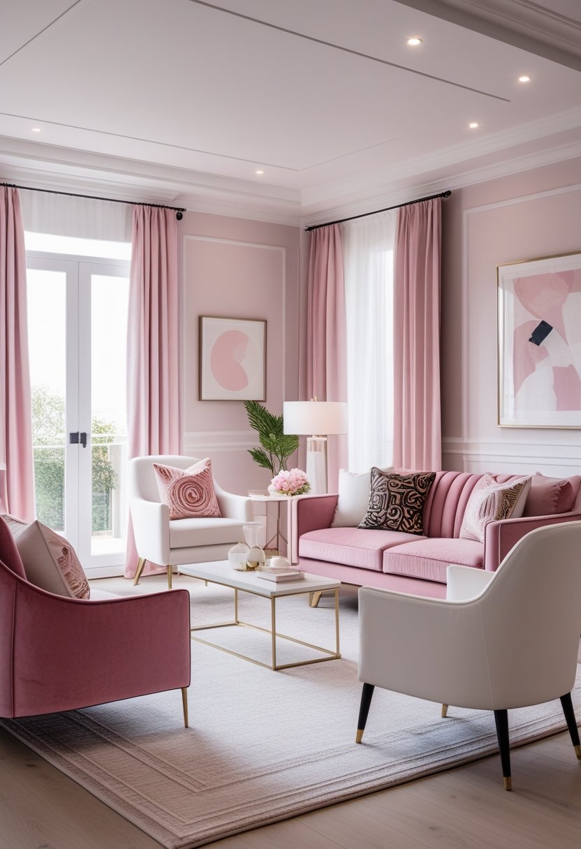 A modern living room with pink and white furniture, patterned pillows, a coffee table, and large windows letting in natural light.