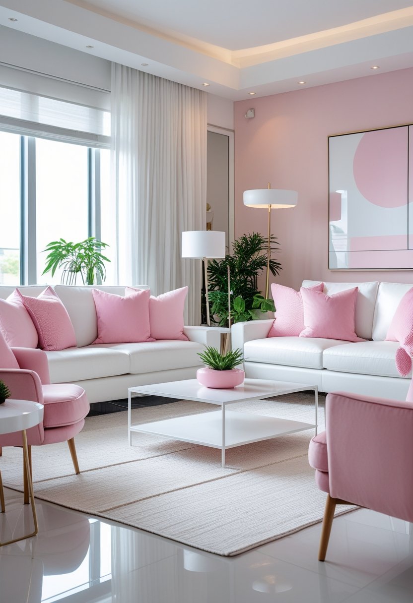 A living room with a white sofa, pink armchair, coffee table, large windows, and decorative plants.