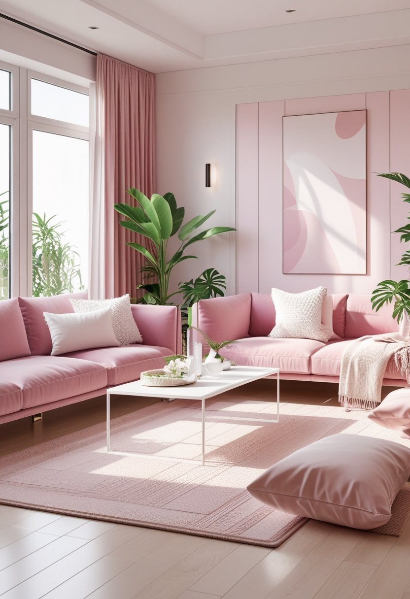 A modern living room with a pink sofa, white coffee table, indoor plants, and natural light coming through large windows.