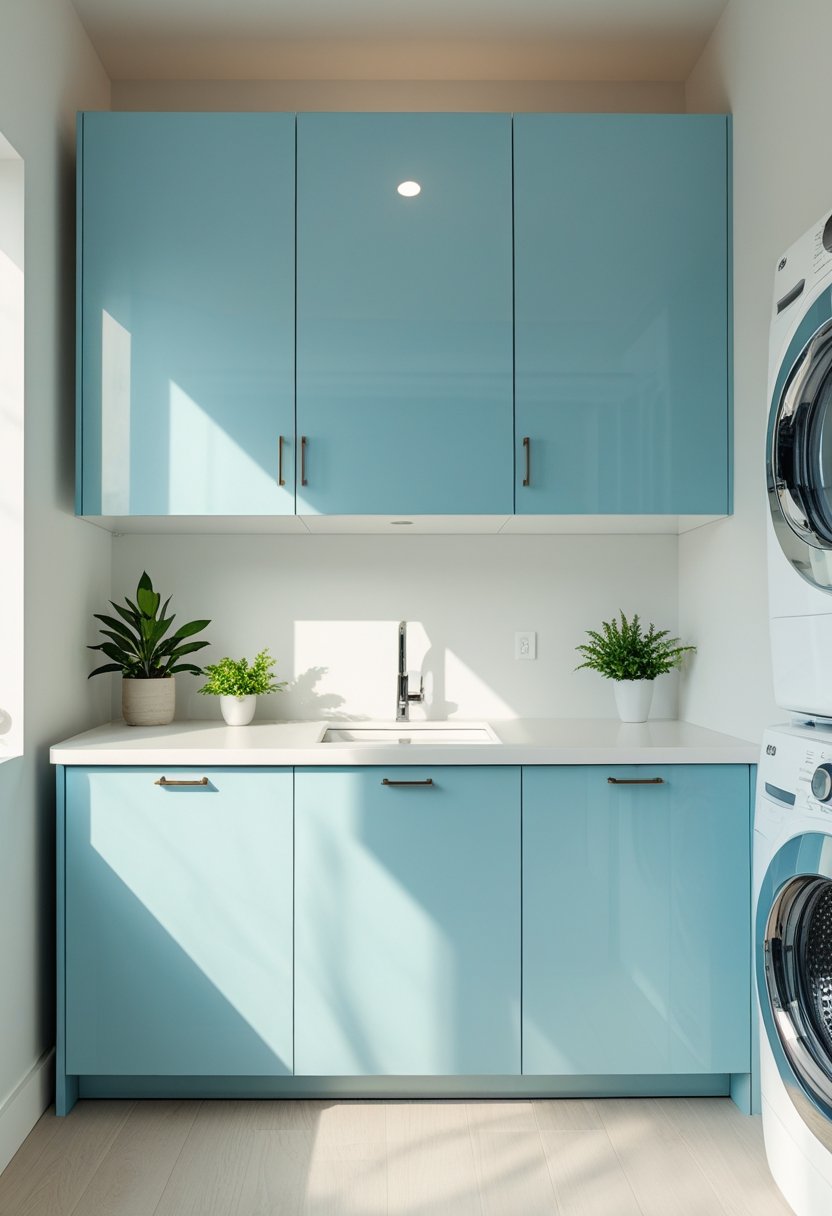 Laundry room with a light blue cabinet, white washing machine and dryer, a small green plant, and natural light coming through a window.