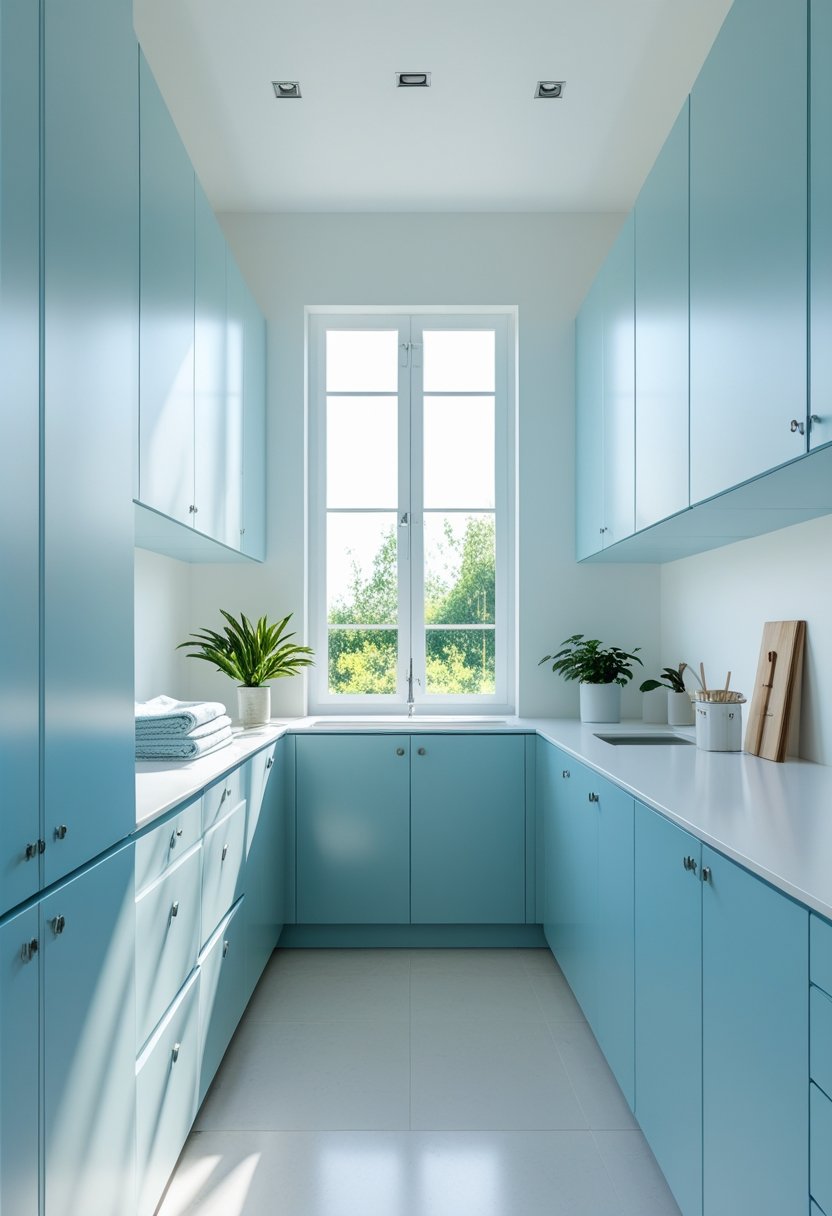 A bright laundry room with light blue cabinets, a clean countertop, and natural light coming through a window.