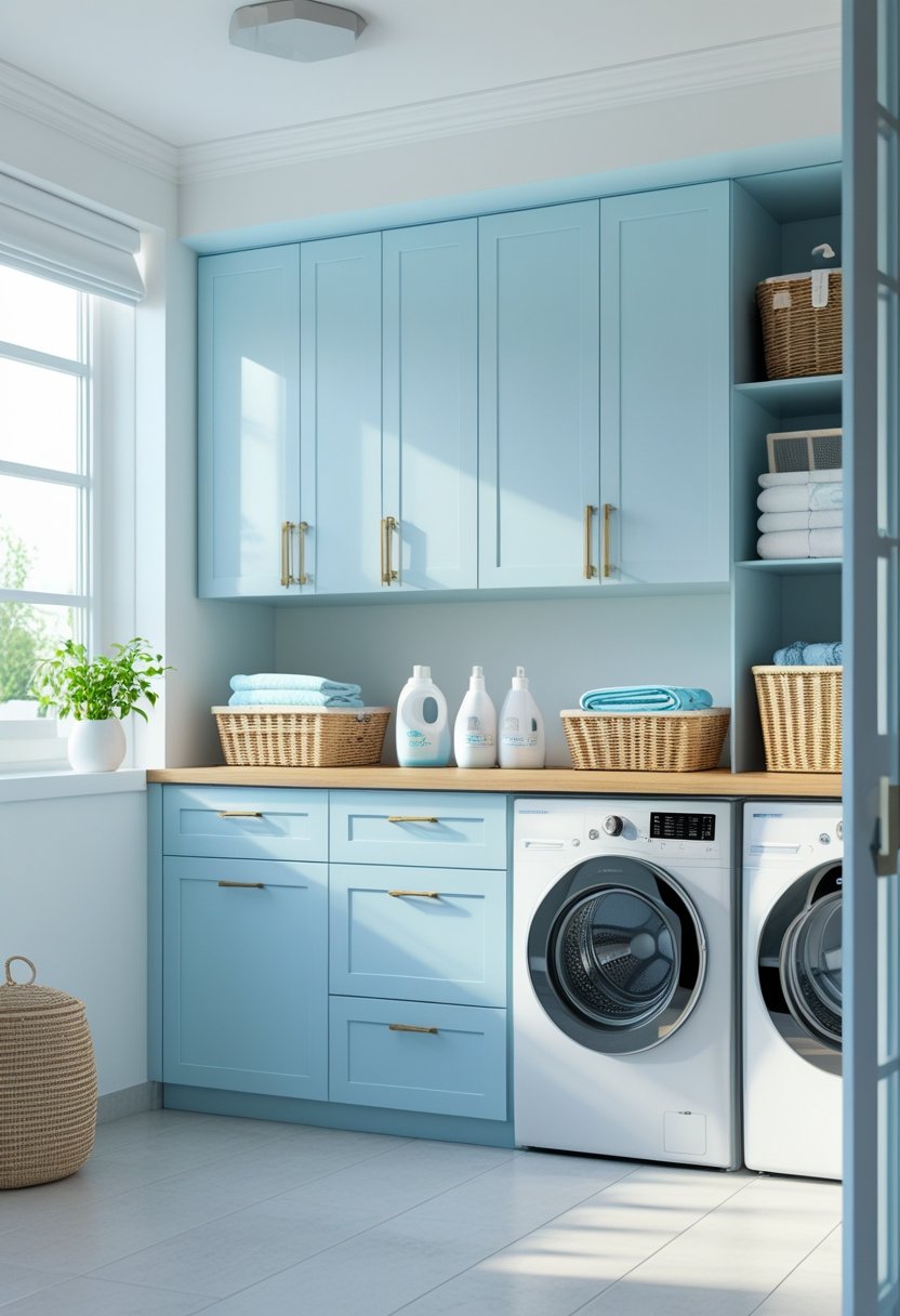 A bright and tidy laundry room with a light blue storage cabinet, washing machine, dryer, and organized laundry supplies.