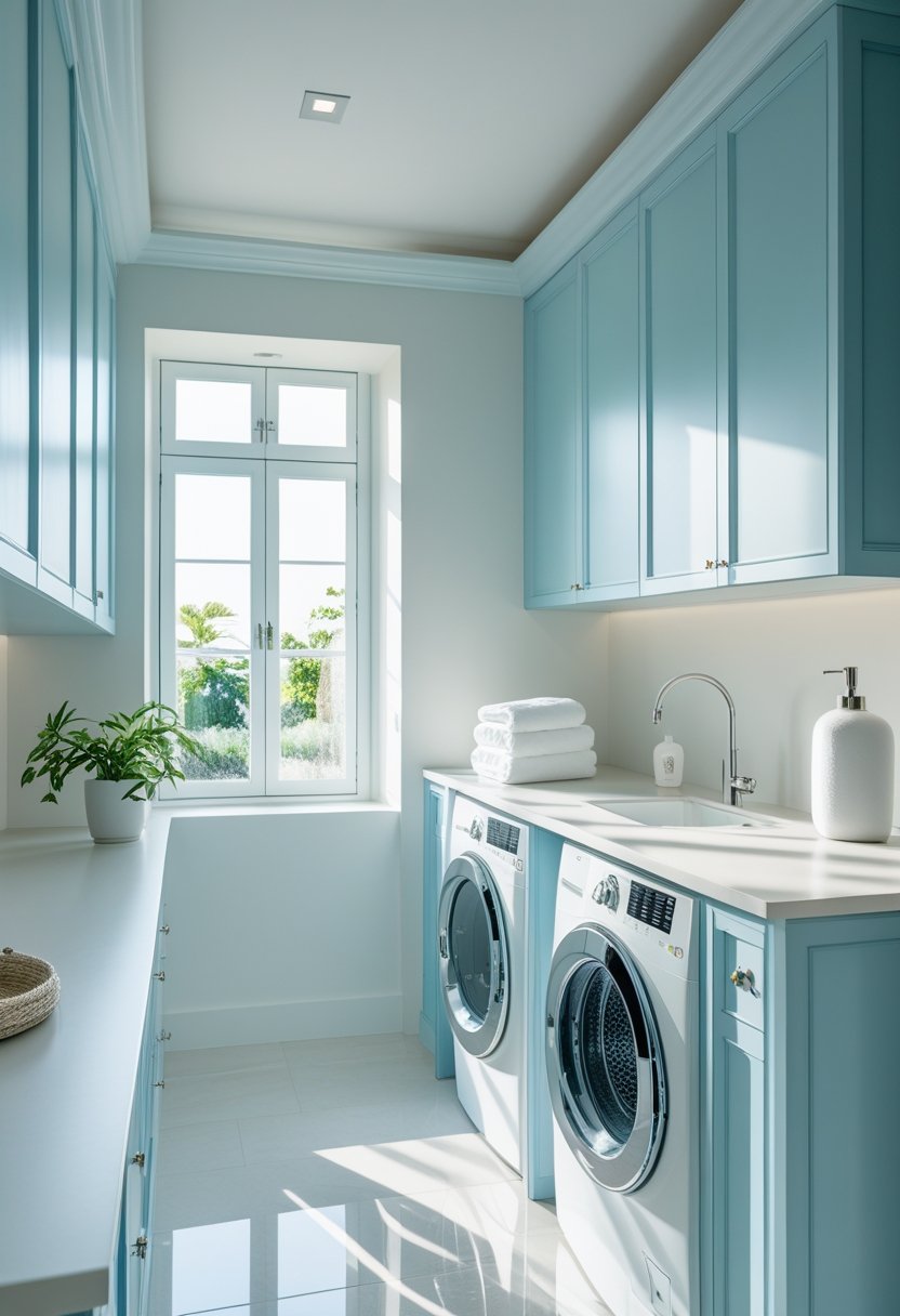 A bright laundry room with light blue cabinets, white countertops, a washing machine, dryer, and small decorative items on the counter.