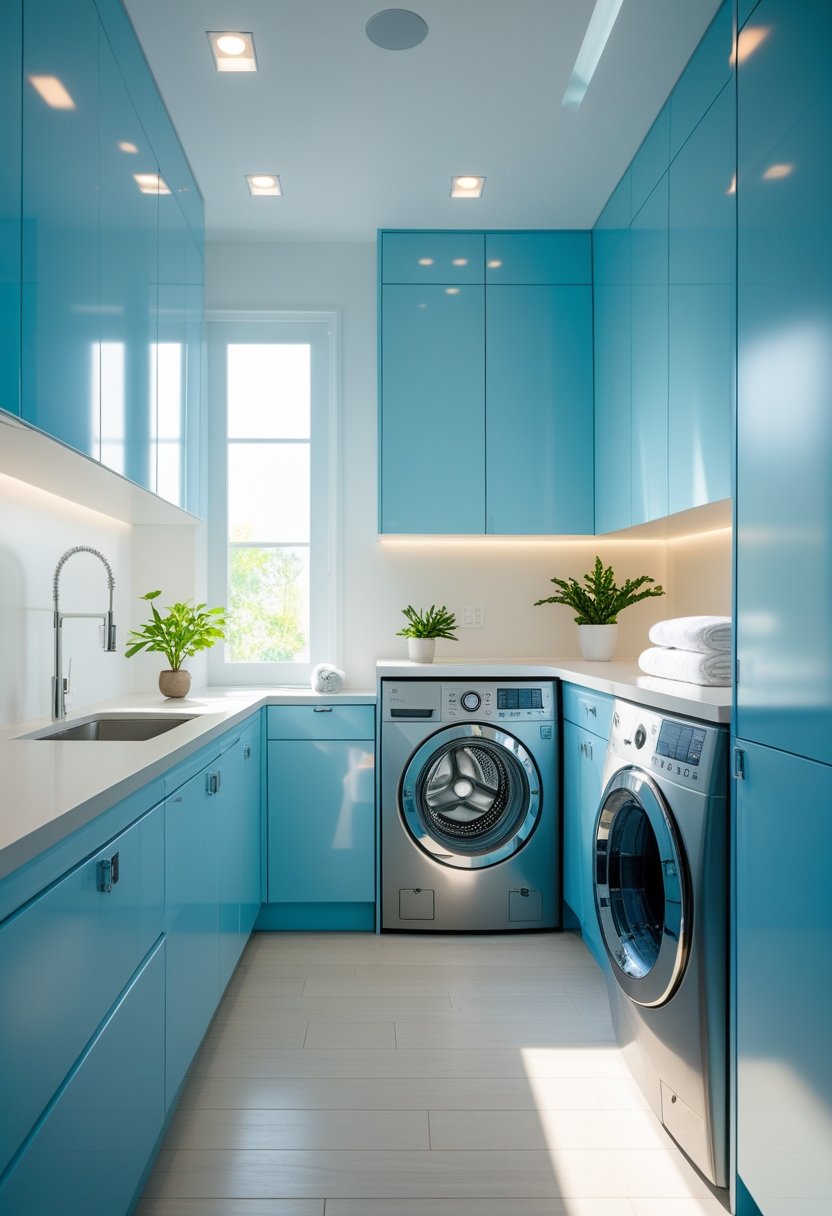 A bright laundry room with light blue cabinets, stainless steel washer and dryer, a small plant, and folded towels on the countertop.