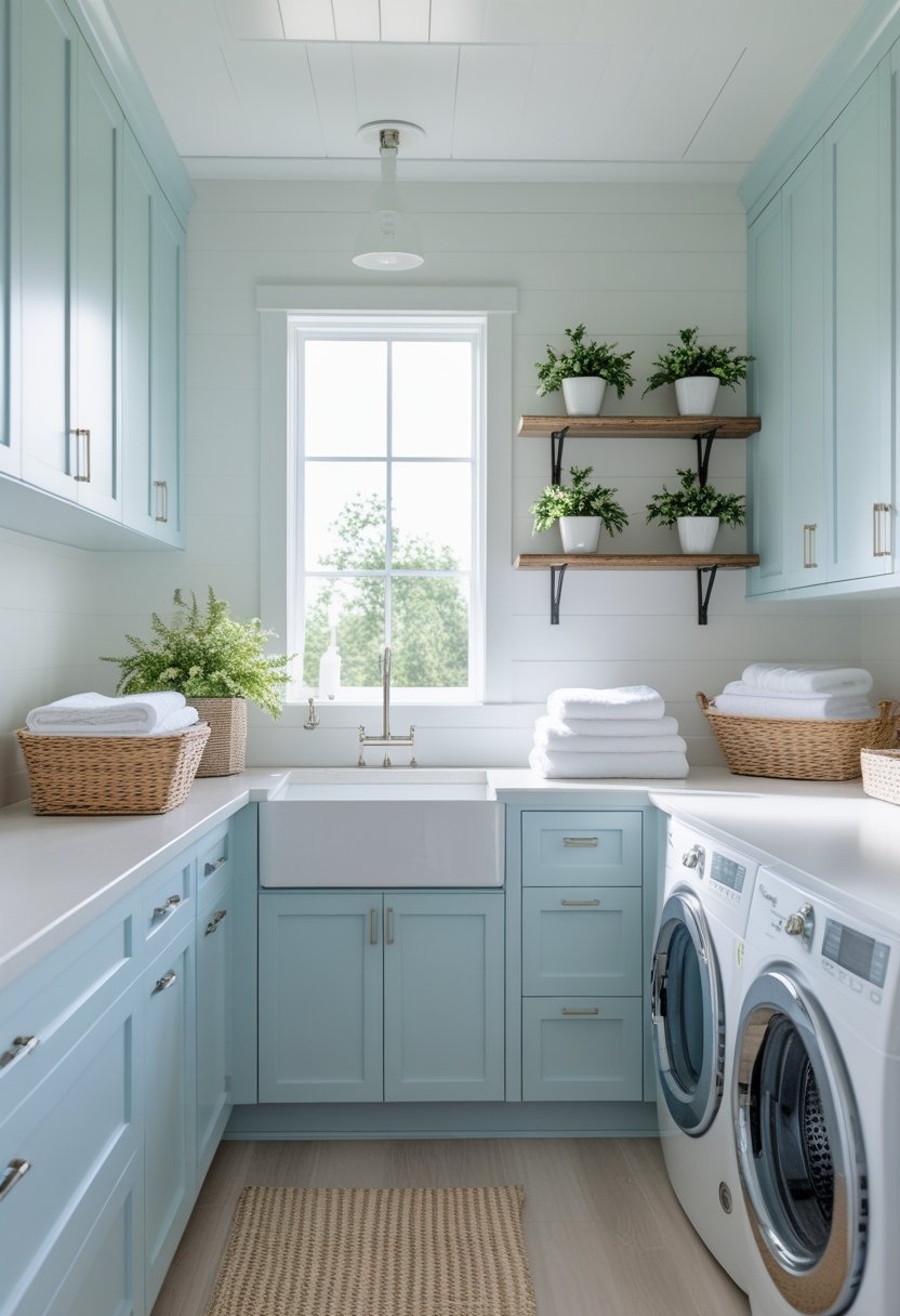 A bright laundry room with light blue cabinets, a washing machine and dryer, wooden shelves with plants, and folded towels on the countertop.
