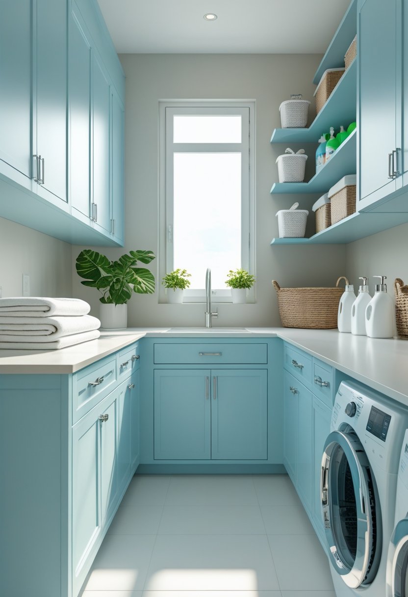 A tidy laundry room with light blue cabinets, folded towels, a potted plant, and organized shelves under natural light.