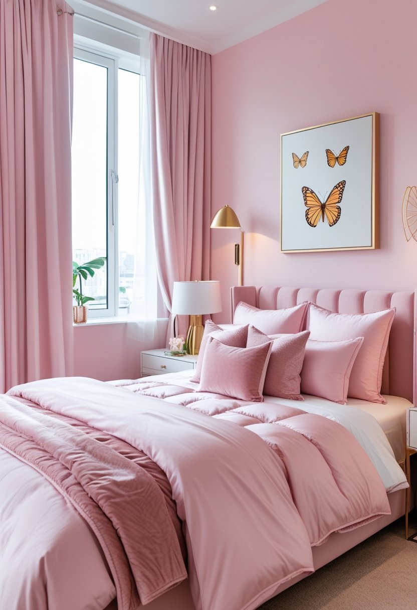 A pink bedroom with a neatly made bed and butterfly wall art above it, featuring soft lighting and modern furniture.