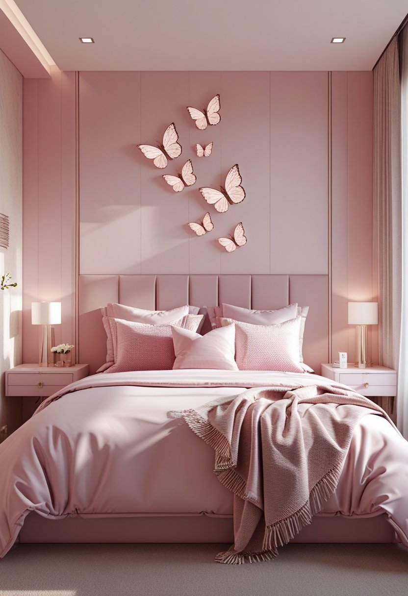 A bedroom with a pink color scheme, a bed with pillows and a throw blanket, butterfly wall art above the bed, and a nightstand with a lamp.