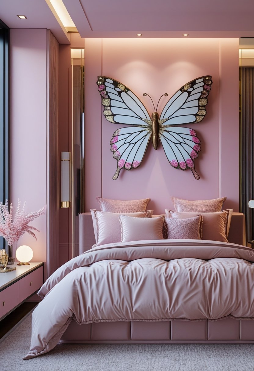 A modern bedroom with a pink accent wall decorated with butterfly wall art, a neatly made bed, and stylish furniture.