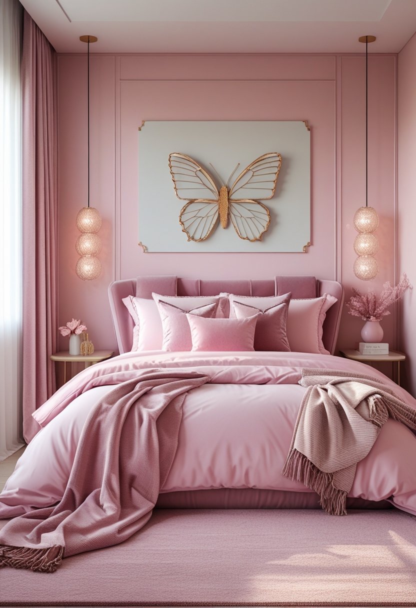 A pink bedroom with layered rugs, soft pillows, a cozy throw blanket, and butterfly wall art above the bed.