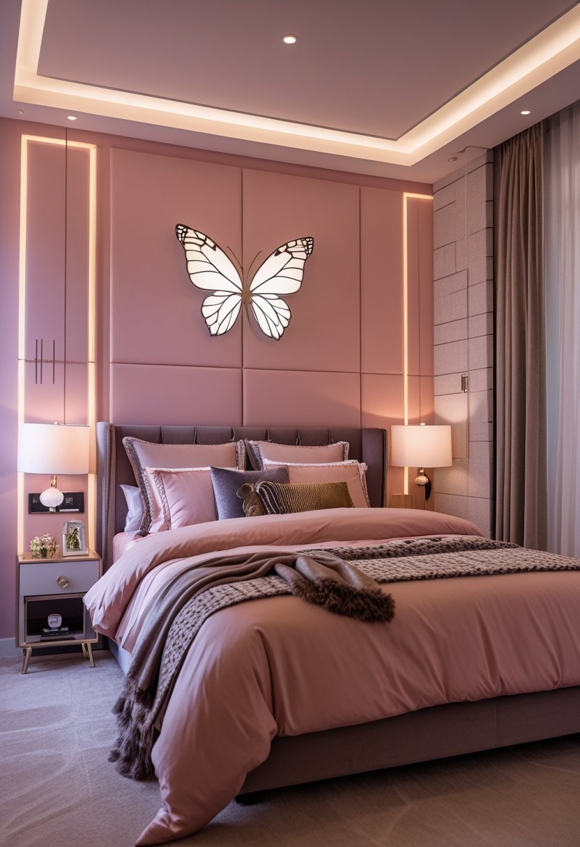 A cozy bedroom with pink walls, a neatly made bed, and butterfly wall art hanging above it.