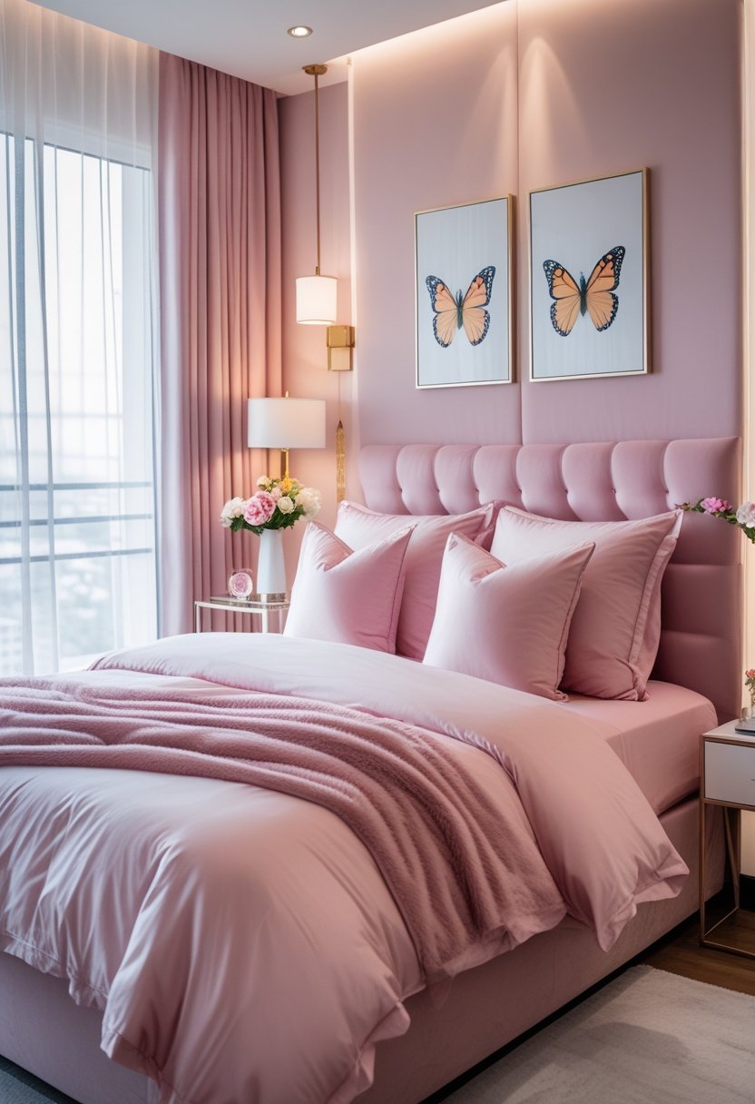 A pink bedroom with a neatly made bed, butterfly wall art above the headboard, and a bedside table with a lamp and flowers.