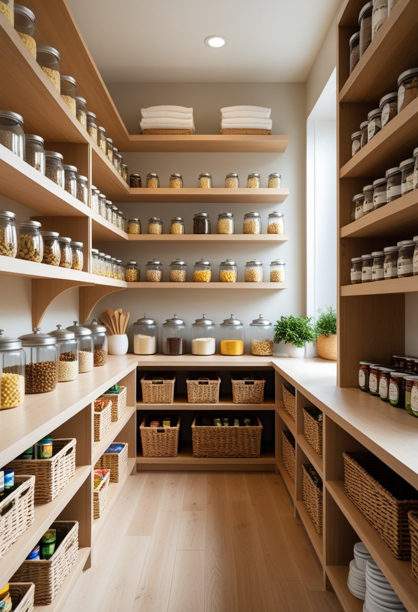 A walk-in pantry with wooden shelves neatly organized with jars, baskets, and canned goods.