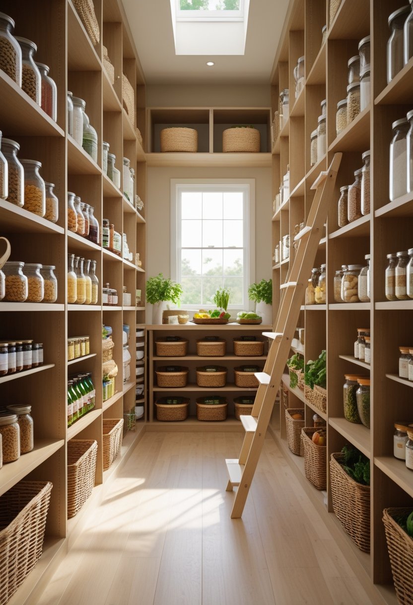 A walk-in pantry with wooden shelves neatly organized with jars, canned goods, baskets, and fresh produce.