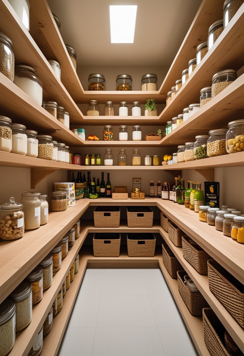 A walk-in pantry with wooden shelves neatly organized with jars, baskets, and kitchen supplies.