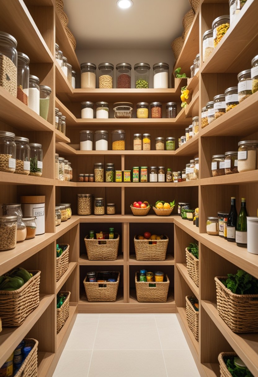 A walk-in pantry with wooden shelves neatly organized with jars, containers, canned goods, and baskets of produce.