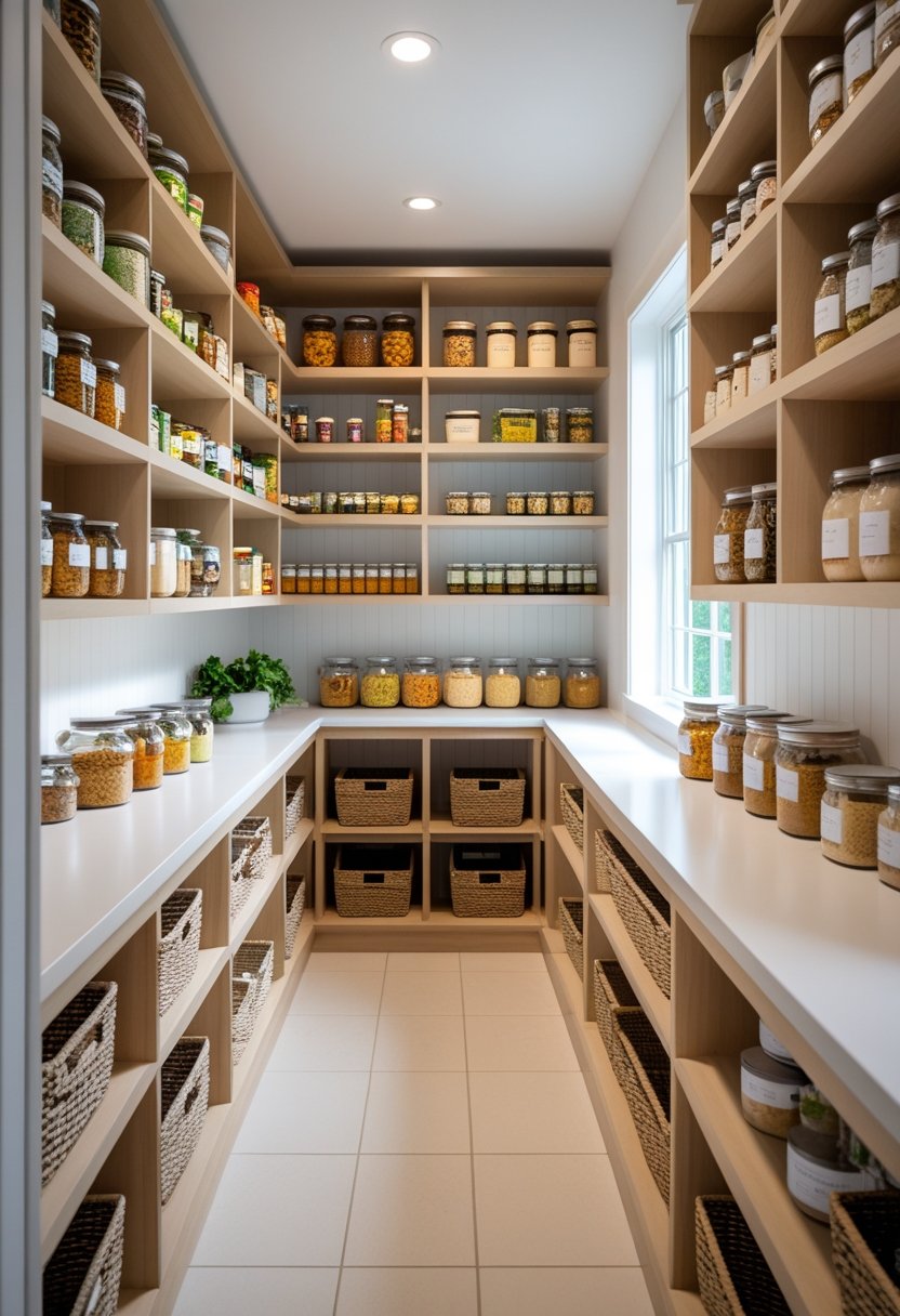 A neatly organized walk-in pantry with shelves full of food containers and baskets.