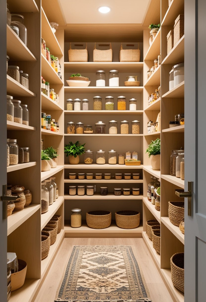 A walk-in pantry with neatly organized shelves filled with jars, dry goods, and kitchen items, illuminated by warm natural light.