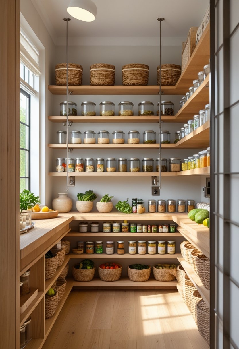 A walk-in pantry with wooden shelves neatly organized with jars, containers, and baskets, lit by natural light.