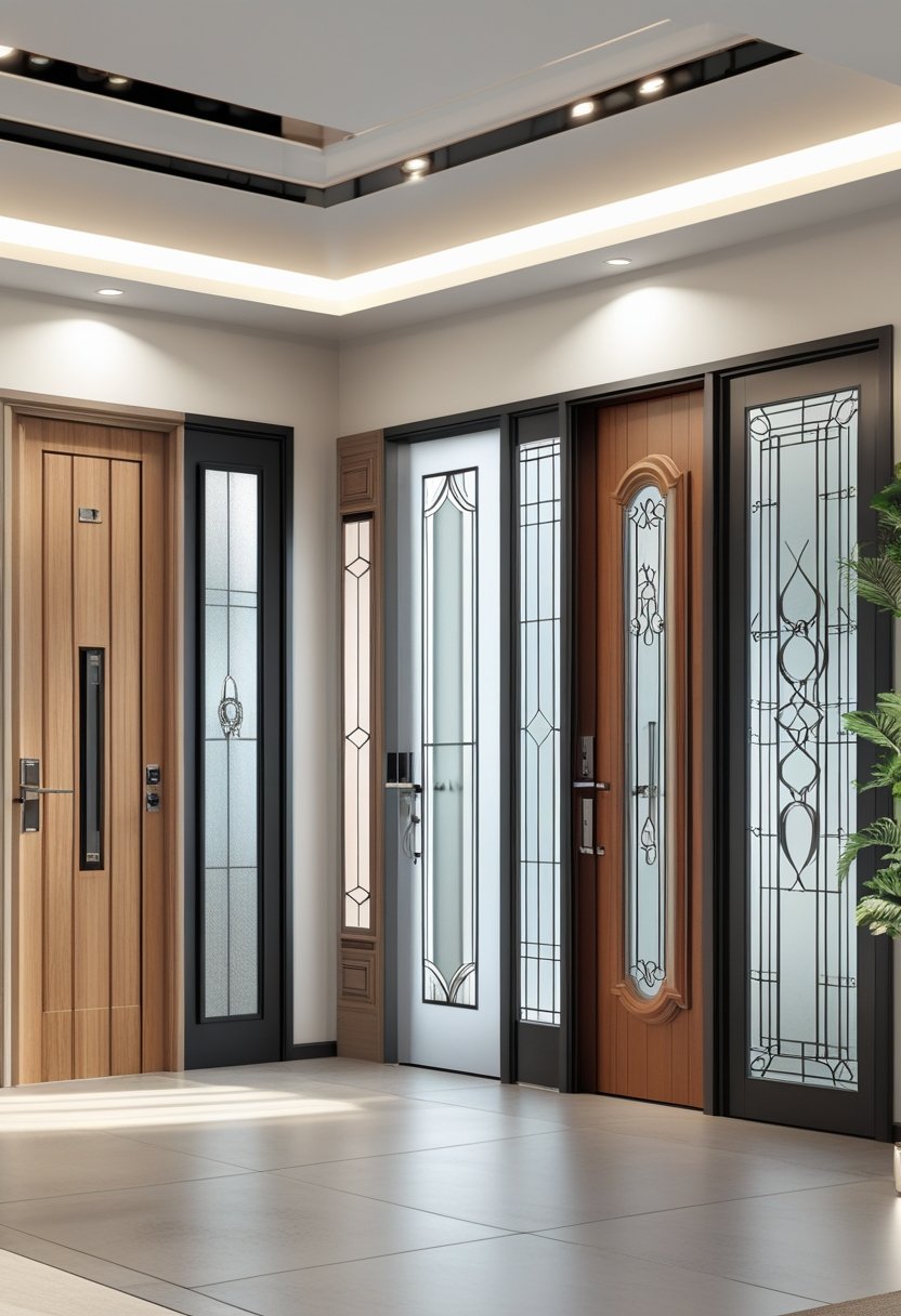 A display of various modern main doors arranged side by side in a bright showroom.