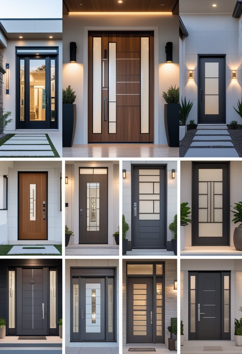 A variety of modern main doors displayed in a bright outdoor setting in front of home entrances.