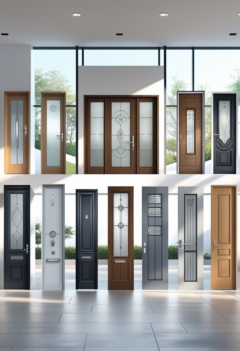 A showroom displaying a variety of main entrance doors arranged side by side.