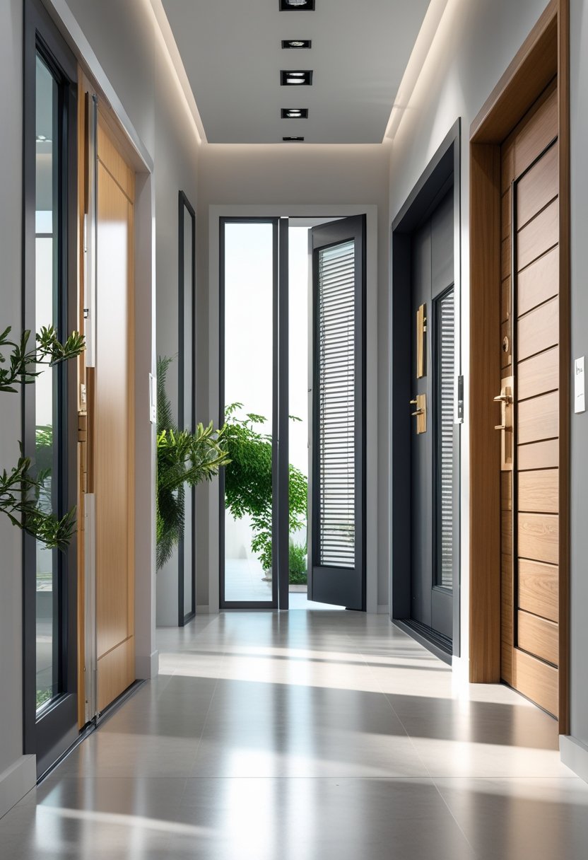 A display of several modern main doors in a bright, clean showroom environment.