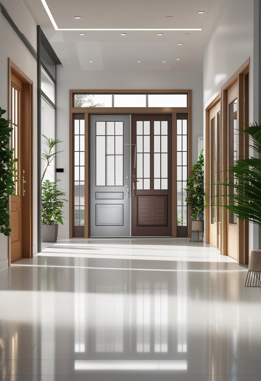 A showroom displaying a variety of main doors arranged side by side in a clean, well-lit space.