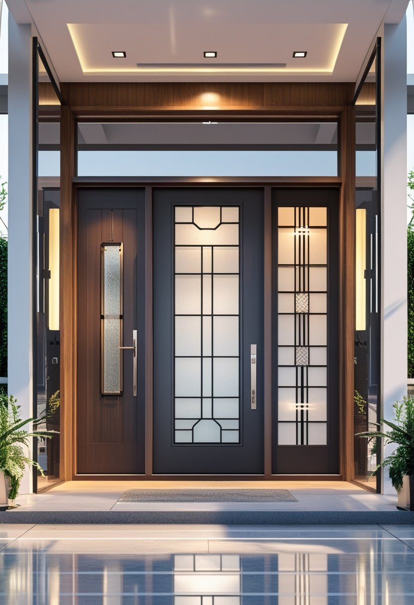 A collection of modern main doors displayed in a bright setting, highlighting different designs and materials.