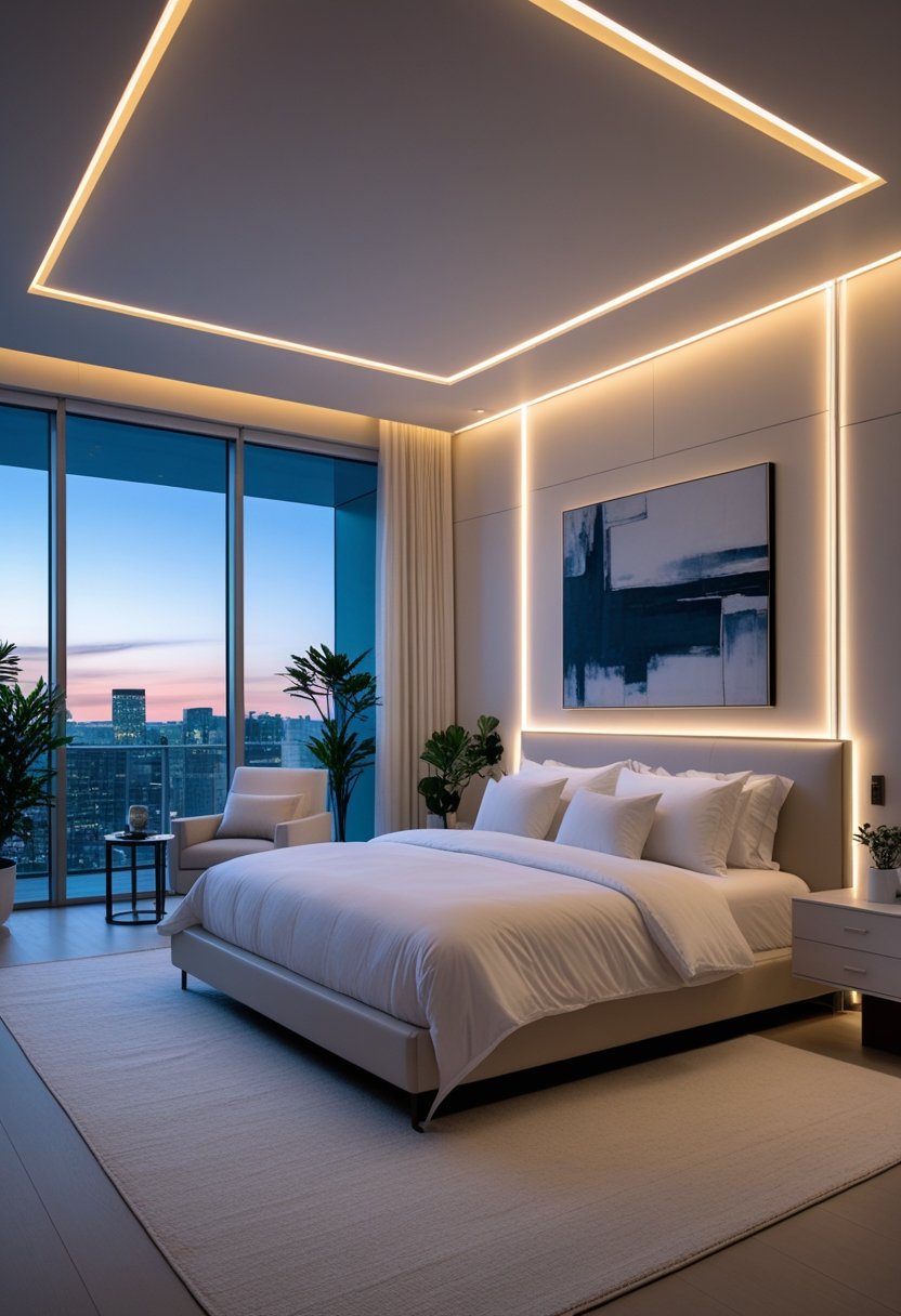 A modern bedroom with a large bed, ambient LED lighting, minimalist furniture, and floor-to-ceiling windows showing a city view at dusk.