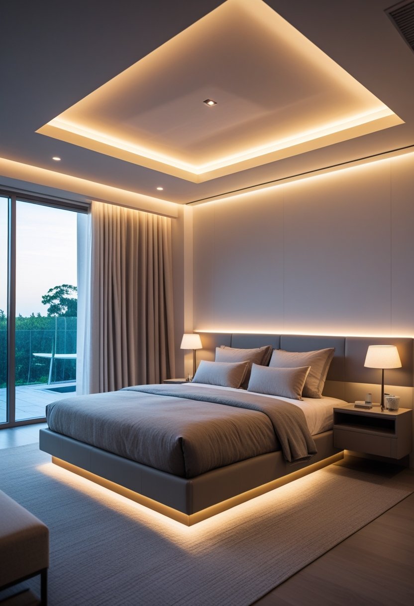 A modern bedroom with a neatly made bed, ambient LED lighting, bedside tables, and large windows letting in natural light.