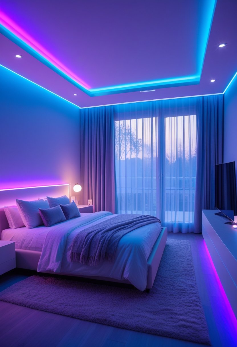 A modern bedroom softly lit with colorful LED lights, featuring a neatly made bed and large windows.