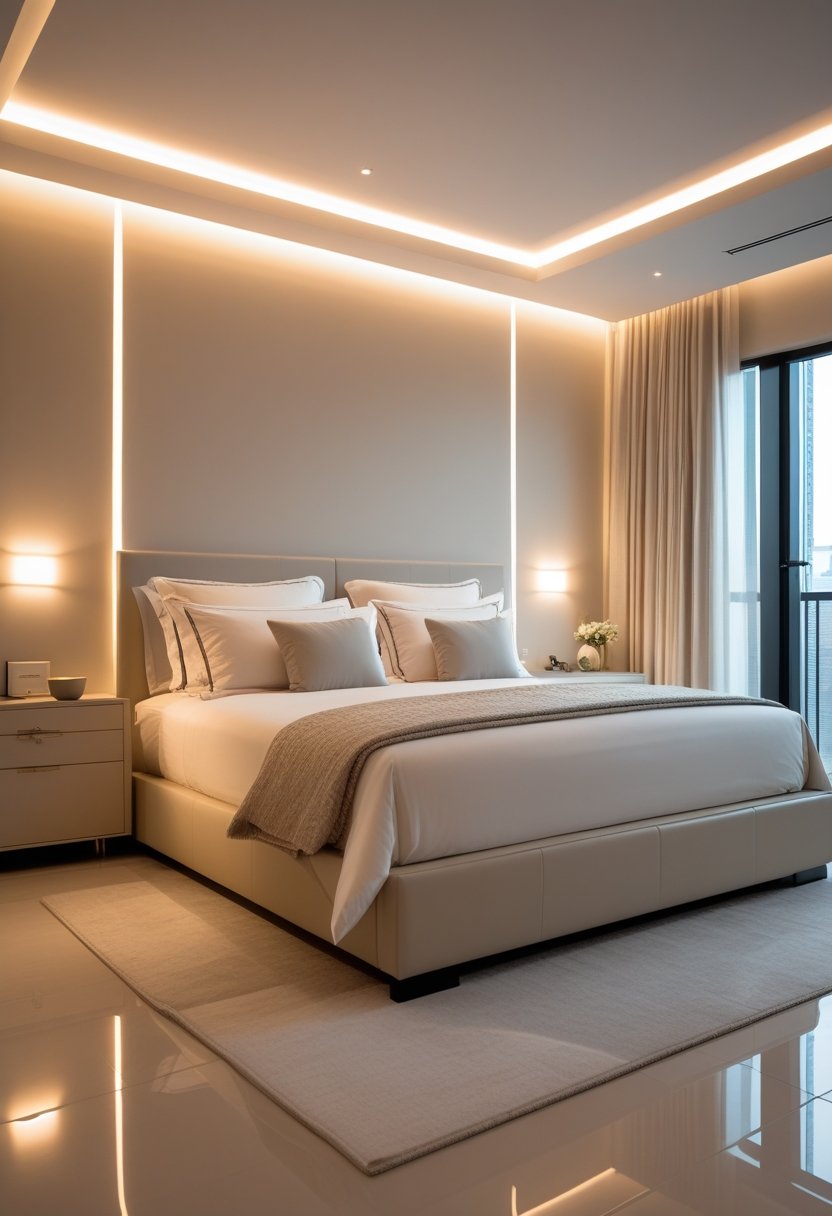 A modern bedroom with a bed illuminated by soft ambient LED lighting.