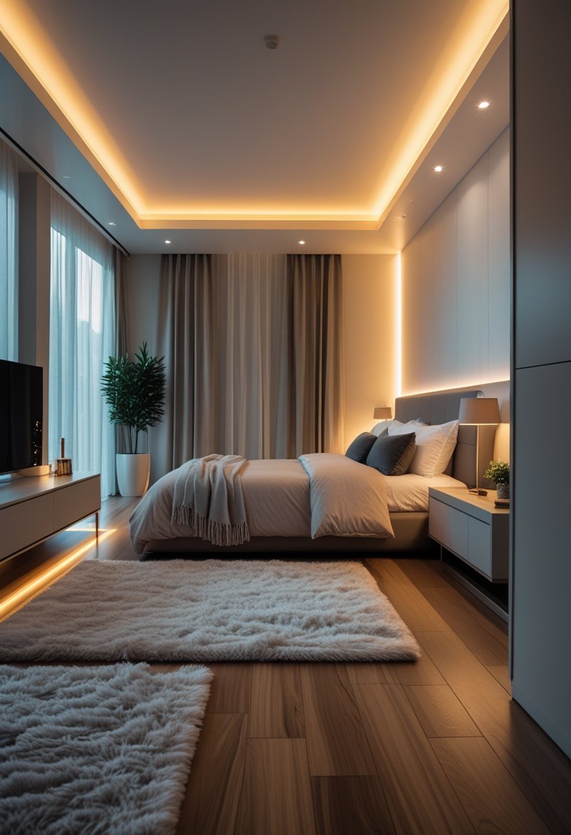 A modern bedroom with wood flooring, a neatly made bed, ambient lighting, and simple furniture.