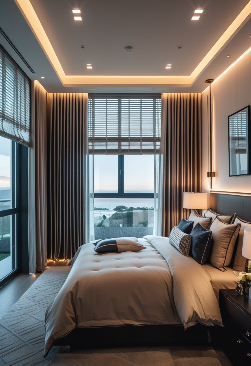 A modern bedroom with large windows covered by elegant curtains, ambient LED lighting, a neatly made bed, and tasteful decorative accents.